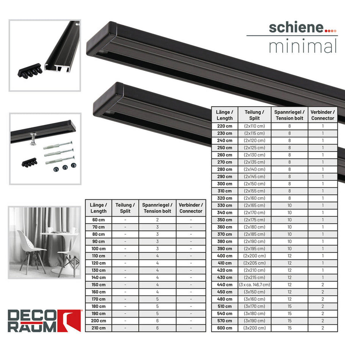 GARDINENSCHIENE auf Maß 1-lauf Deckenmontage Minimal 60cm - Schwarz, Metall (60cm) - Deco-Raum