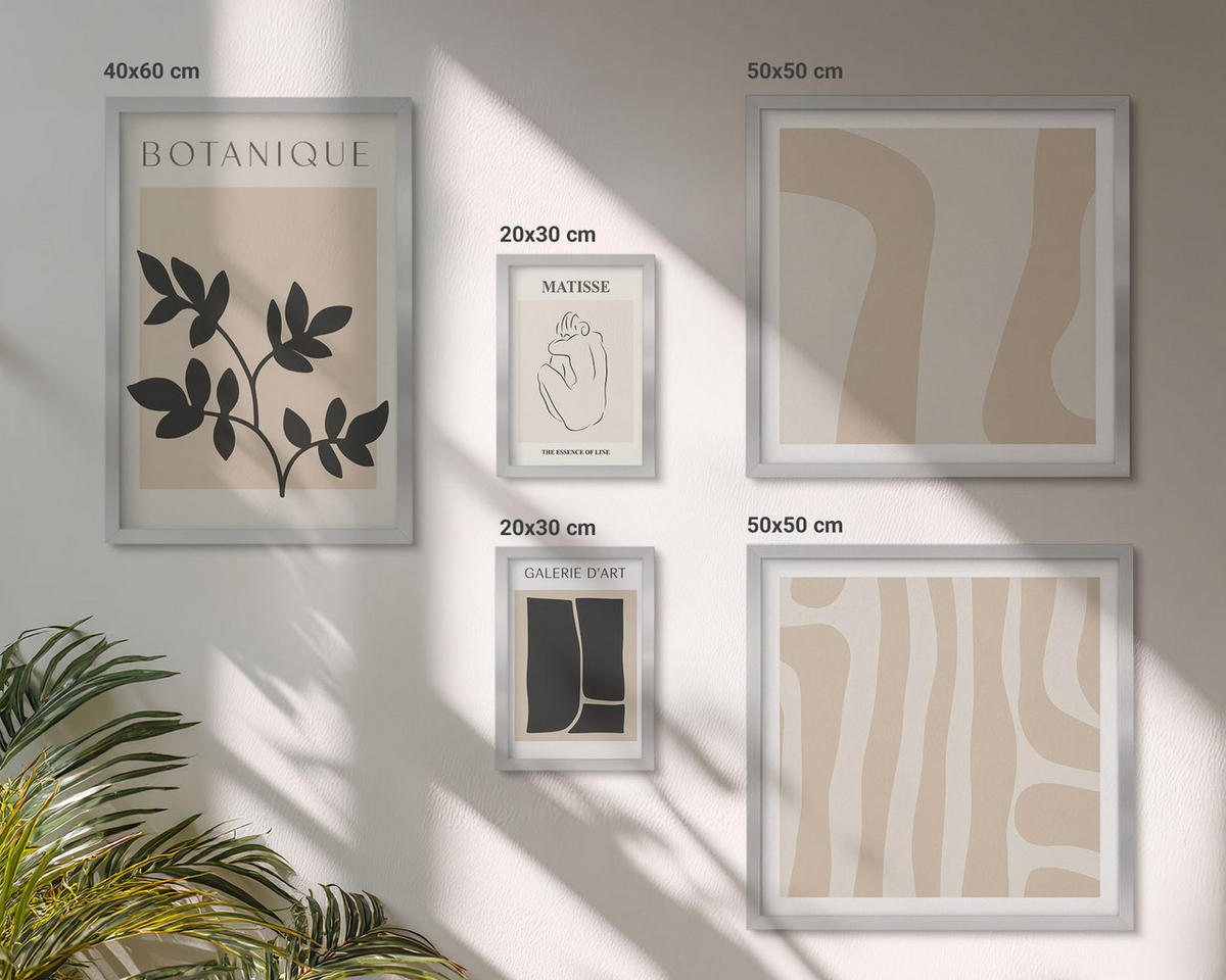 WANDBILDER 5er Set - 50x50 cm & 20x30 cm & 40x60 cm Silberner Rahmen - Abstrakte Pflanzenmotive - Silberfarben, Kunststoff (40/60cm) - ArtPrintCave