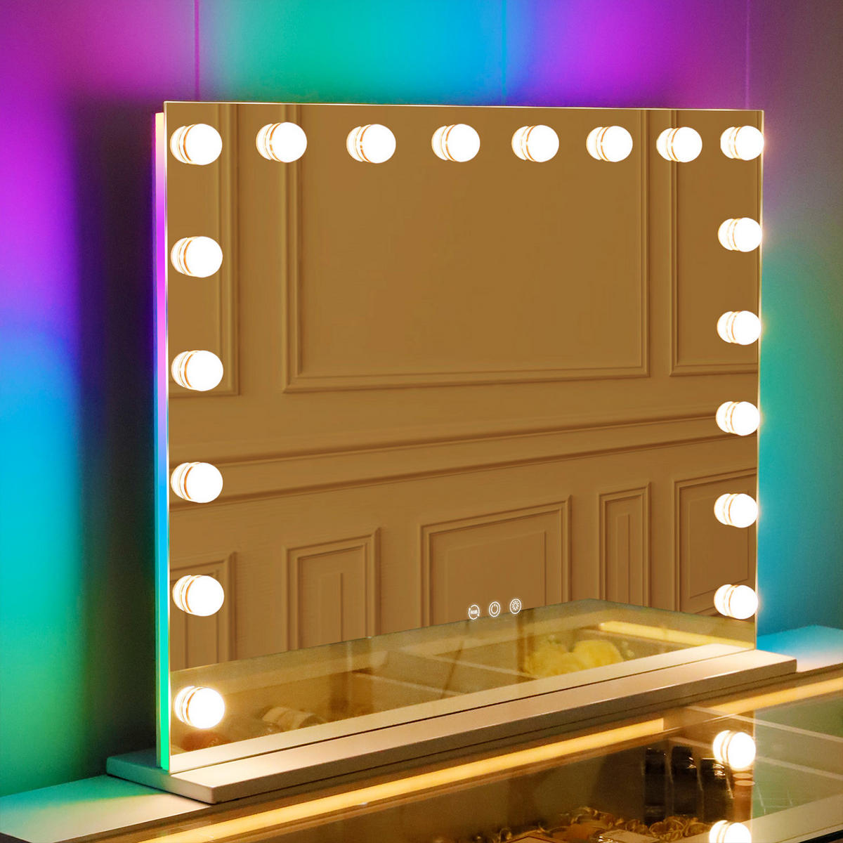 SCHMINKSPIEGEL mit LED-Beleuchtung und RGB-Hintergrundbeleuchtung weiß 80/58 cm - Weiß, Metall (80/58/3cm) - VANITII