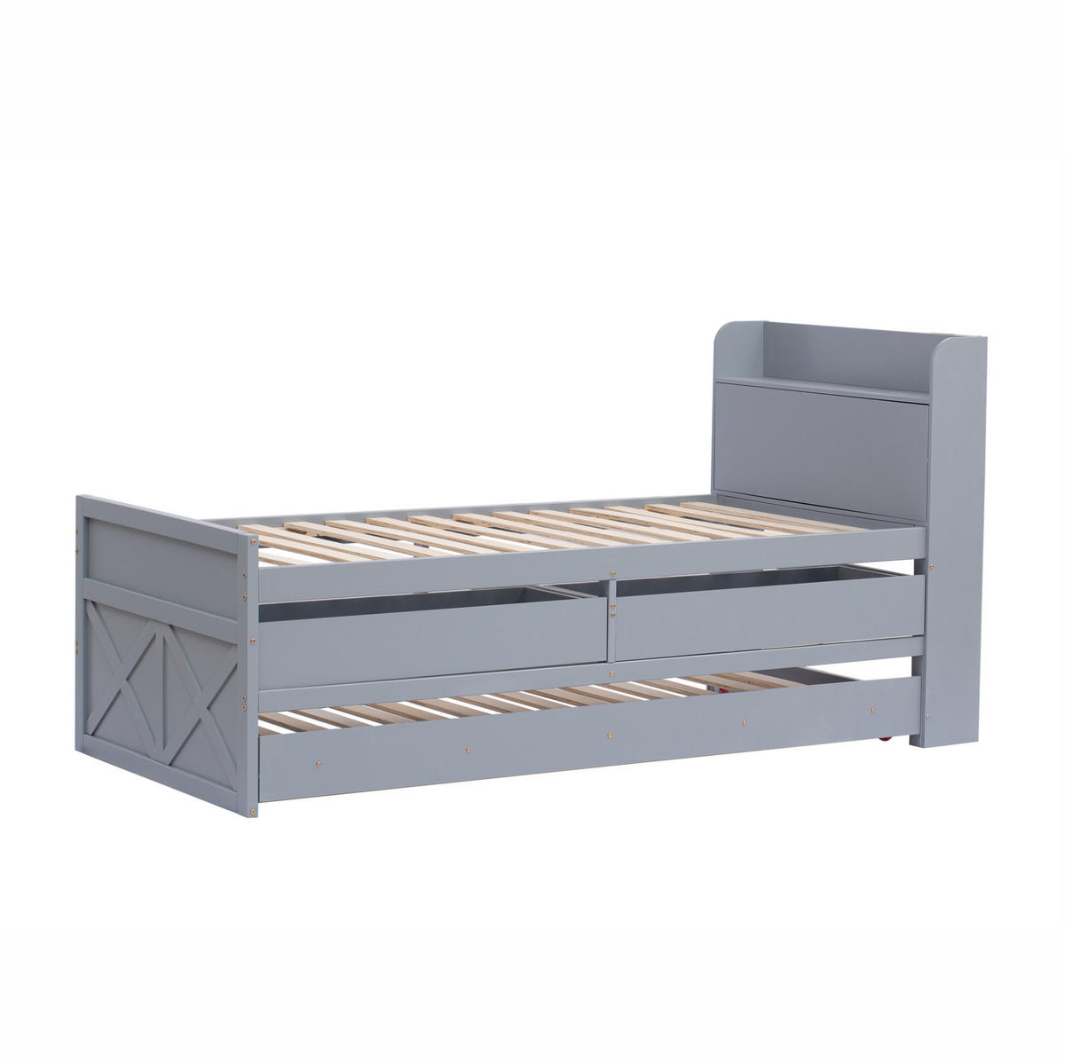 JUGENDBETT 90/190 cm mit Ausziehbett, 2 Schubladen, Nachttisch mit USB und Stauraum, Grau - Grau, Holzwerkstoff (90/200cm) - Redom