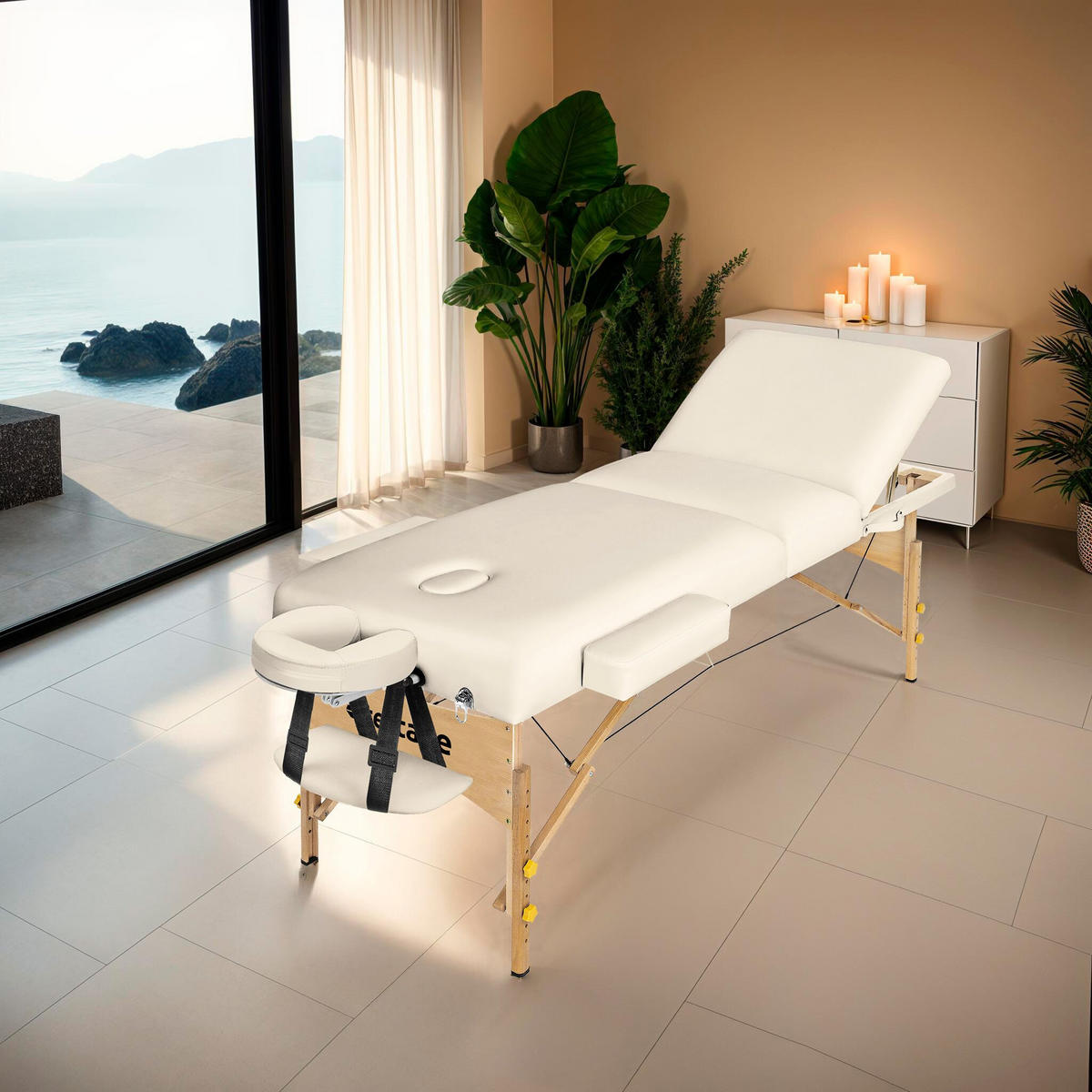 MASSAGELIEGE-SET 3 Zonen, 218 x 102 x 90 cm,beige - Beige, Holz (102/90/218cm) - tectake