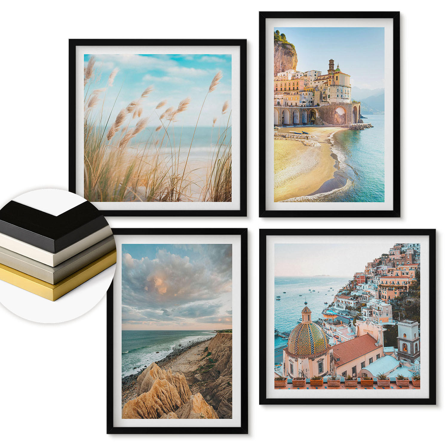 WANDBILDER 4er-Set - 50x50 cm & 40x60 cm Schwarzer Rahmen - Landschaften Strand Stadt Klippen - Schwarz, Kunststoff (50/50cm) - ArtPrintCave