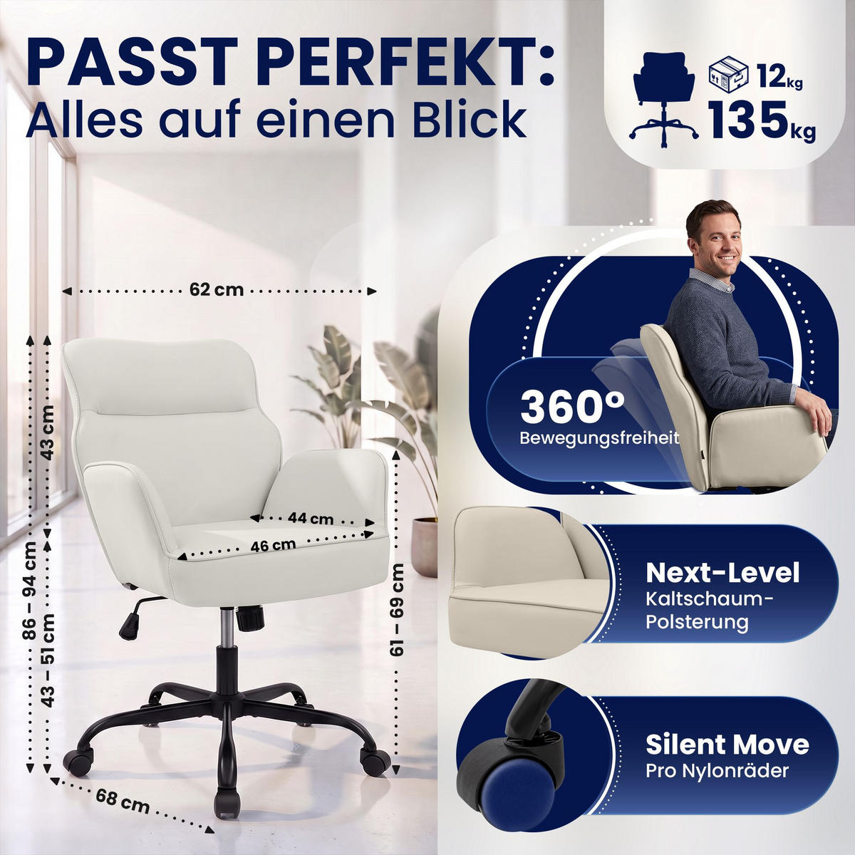 DREHSTUHL Lederlook Weiß - Schwarz/Weiß, Textil (62/86/68cm) - CLP