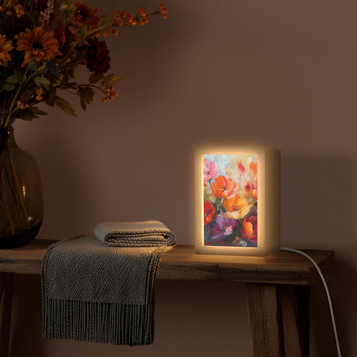 STOLNÍ LAMPA Květiny - barevné - malba - abstraktní - umění 15x20 cm - barva hliníku, kompozitní dřevo (8/15/20cm) - OnlyWow
