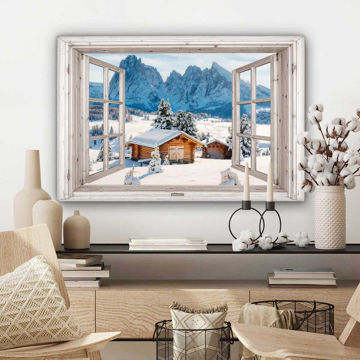 LEINWANDBILD Winterlandschaft - Hütte - Berge - Ausblicke - Aussicht - Natur Wanddeko 90x60 cm - Weiß Hochglanz, Textil (90/60cm) - MuchoWow