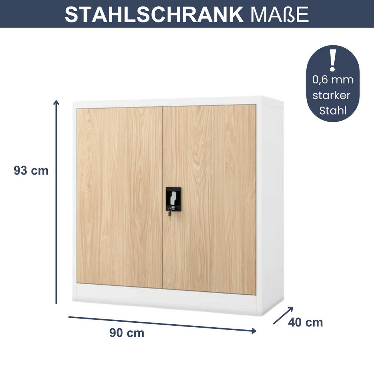 AKTENSCHRANK abschließbar KADO mit Flügeltüren 93x90x40cm Weiß-Sonoma Eiche - Weiß, Metall (90/93/40cm) - DELUKE