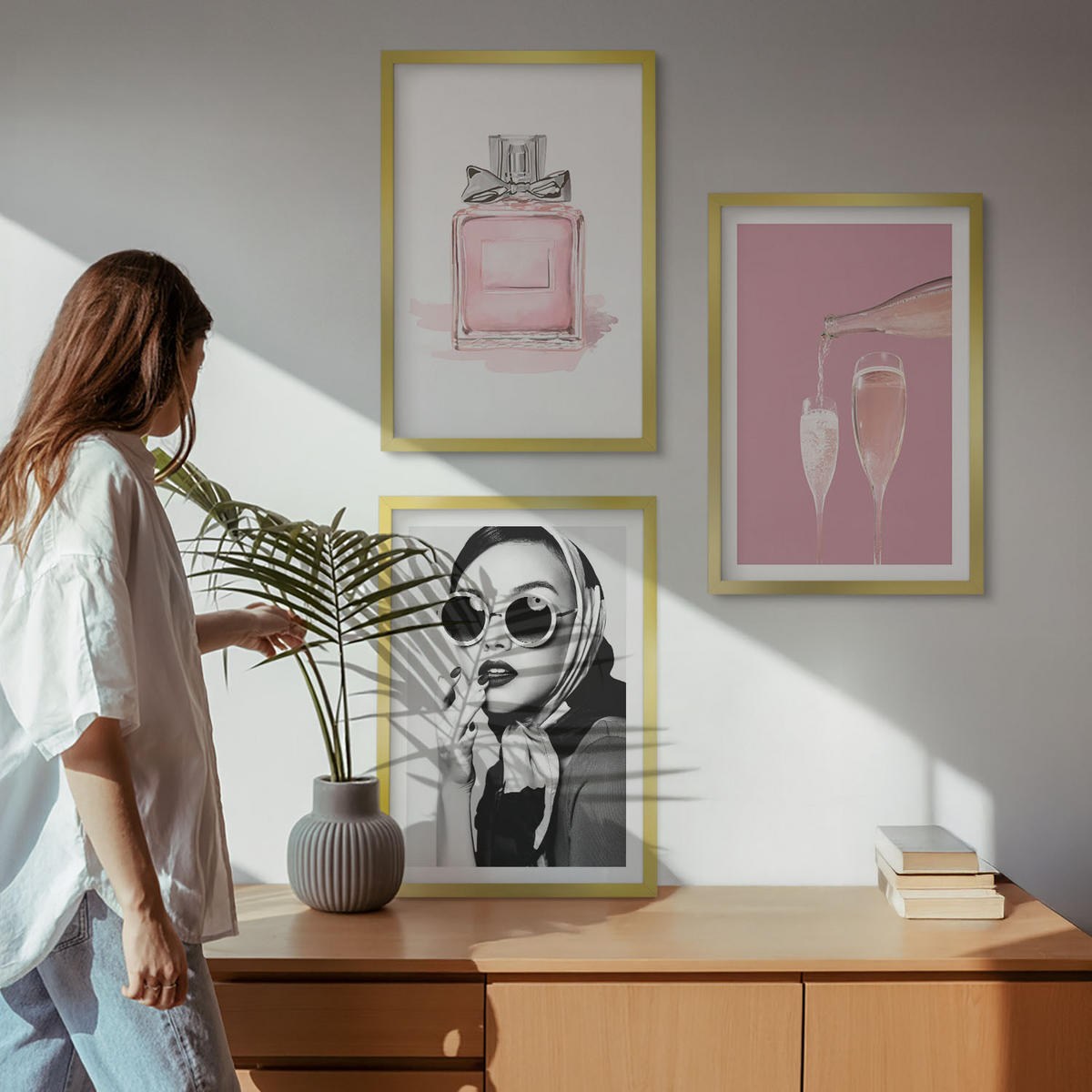 WANDBILDER 3er Set - 40x60 cm Goldrahmen - Stilvolle pinkfarbene Accessoires - Goldfarben, Kunststoff (40/60cm) - ArtPrintCave