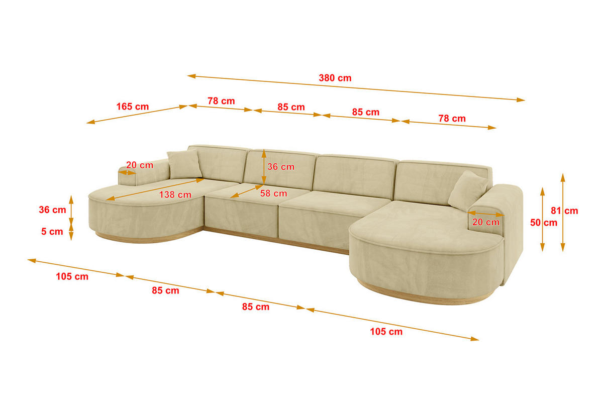 WOHNLANDSCHAFT MARI-U2-v2 - 388x171x83 cm Beige Velours - Beige, Holzwerkstoff/Textil (388/83/171cm) - ALTDECOR