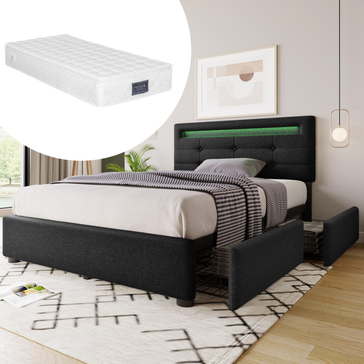 BETT mit LED und 2 Schubladen 90x200 cm Leinen Schwarz inkl. Matratze - Schwarz, Metall (90/200cm) - Meubliv