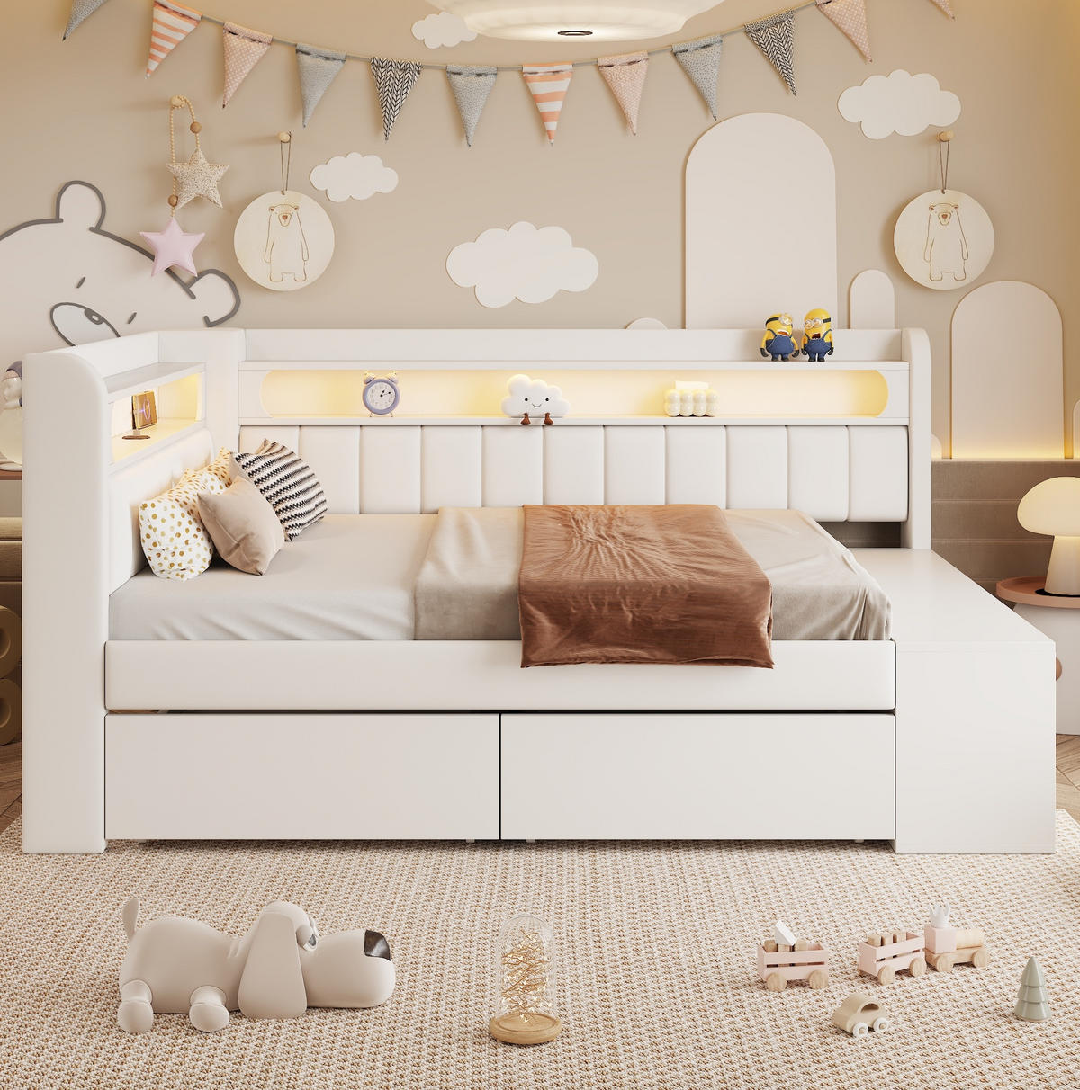 ČALOUNĚNÁ postel 90/200 cm bílá z MDF a překližky s LED osvětlením, USB a botníkem - bílá, kompozitní dřevo (90/200cm) - OKWISH