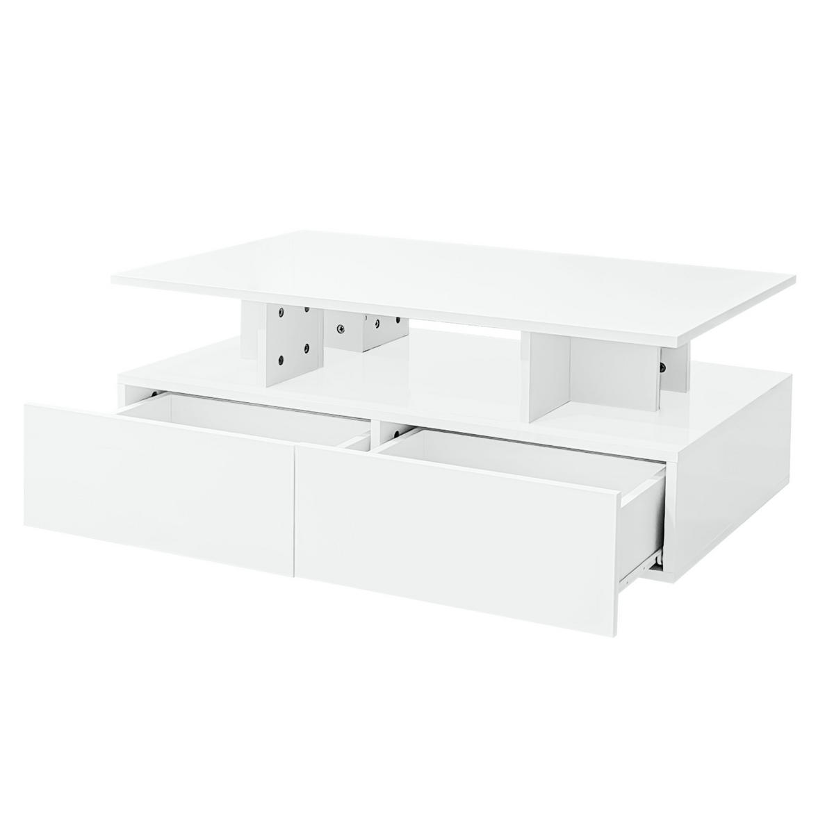 COUCHTISCH 90/55/41 cm weiß aus Spanplatte mit LED-Beleuchtung und 2 Schubladen - Weiß, Holzwerkstoff (90/55/41cm) - OKMYHOME