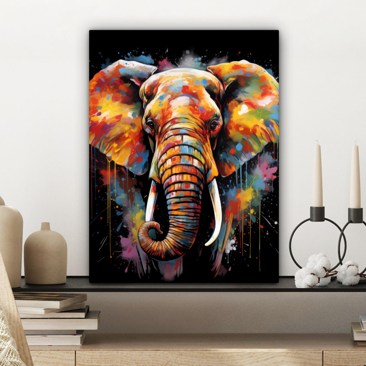 LEINWANDBILD Elefant - Graffiti - Schwarz - Tiere - Farben 30x40 cm - Schwarz, Textil (30/40cm) - MuchoWow