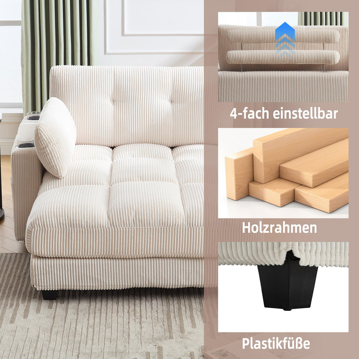 RÉCAMIERE Cord Beige mit USB, Getränkehaltern und Seitentasche - Beige, Holzwerkstoff/Kunststoff (140/81/121cm) - WISHDOR