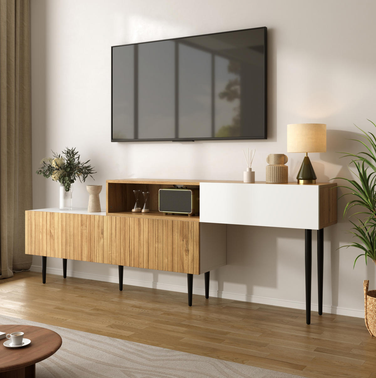 LOWBOARD 120-240/30/63,5 cm aus MDF und Spanplatte mit modularem Design Weiß/Holzfarben - Naturfarben, Holzwerkstoff (220/63.5/30cm) - Modenvie