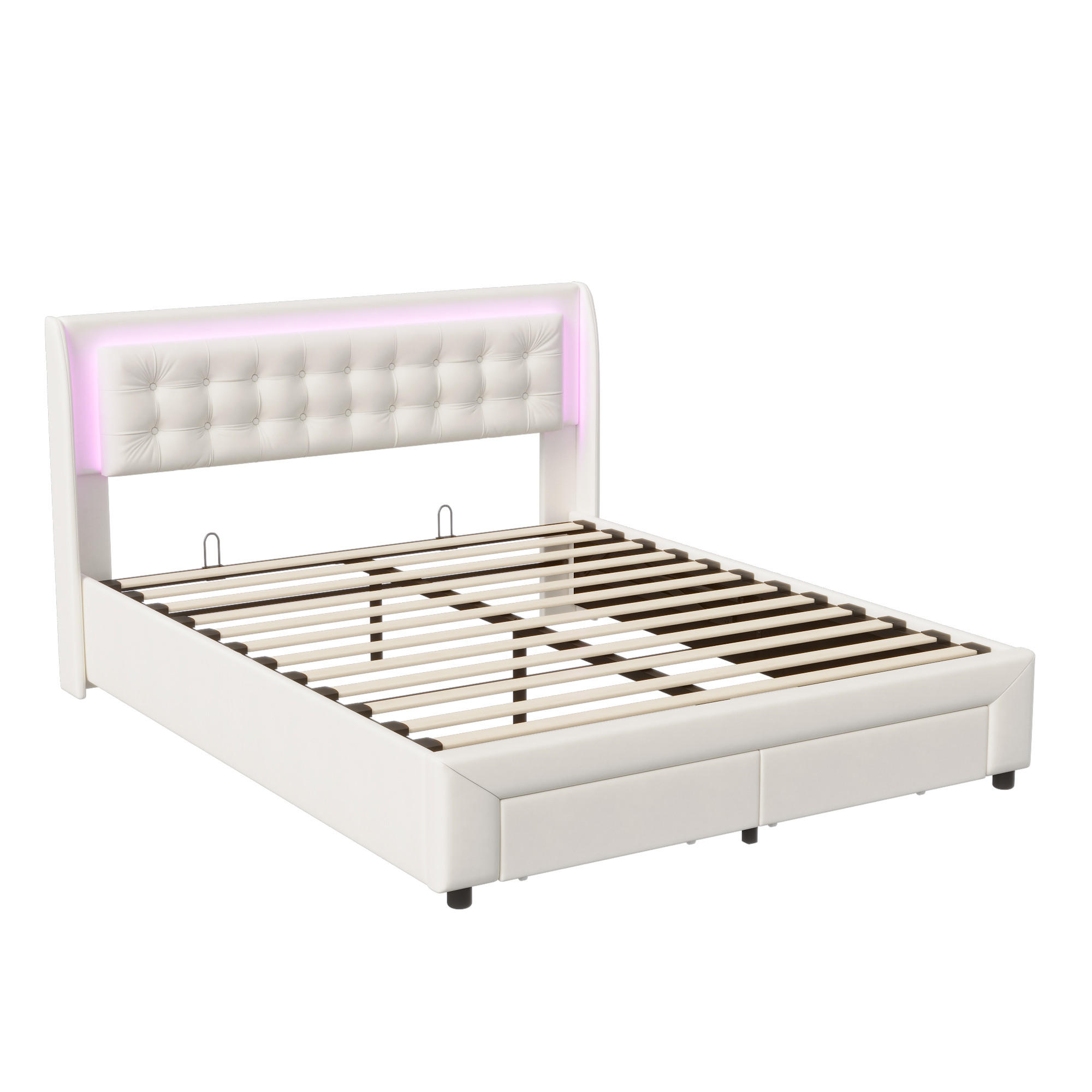 STAURAUMBETT 160x200 cm, Ambiente-LED-Beleuchtung, Stauraum unterm Bett und 2 Schubladen am Bettfuß, Samtstoff, Beige - Beige, Holz/Textil (160/200cm) - BRILVERDE
