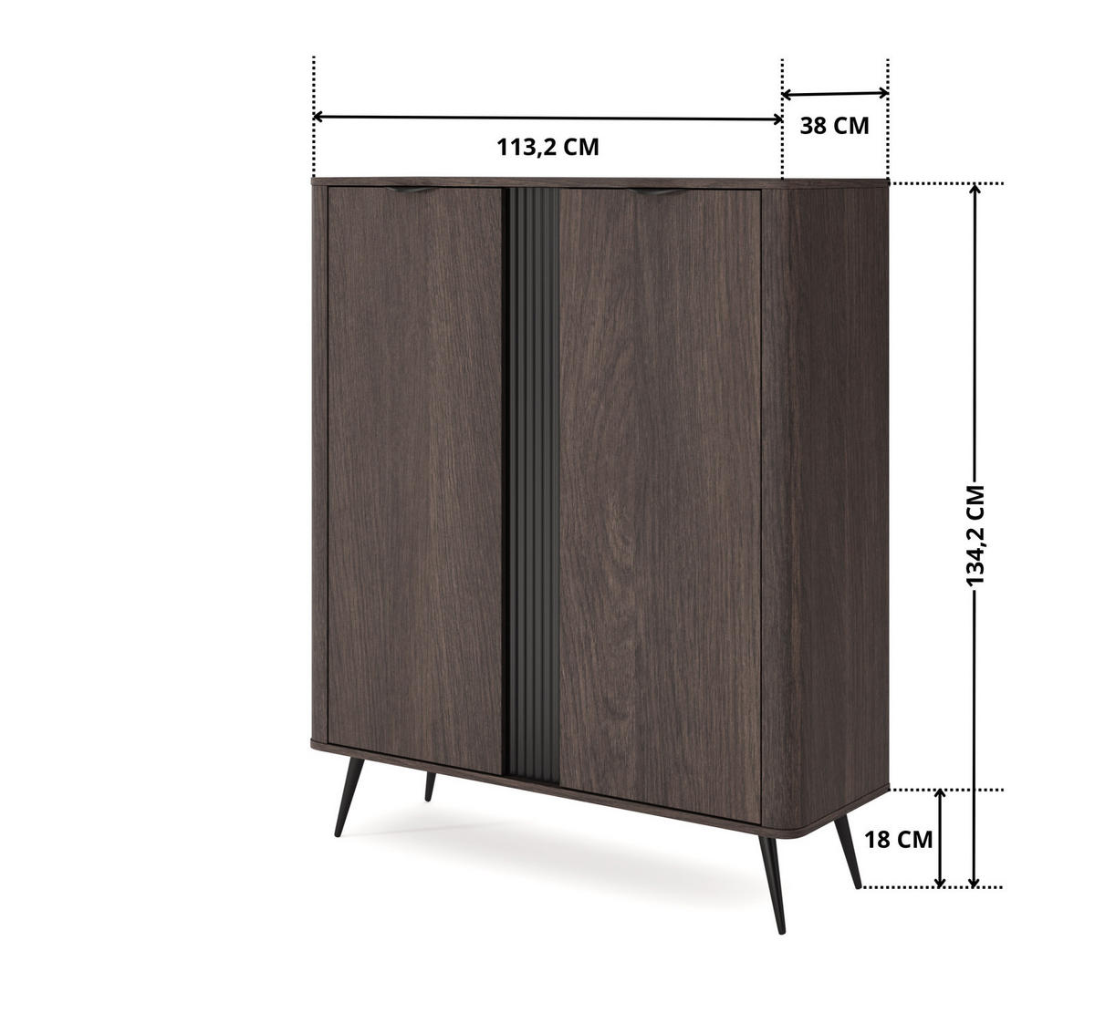 HIGHBOARD Terzo 2D Eiche Dunin mit Rillendekor - Schwarz Metallfüße - Eichefarben/Schwarz, Holz/Holzwerkstoff (113/134/38cm) - Ravio