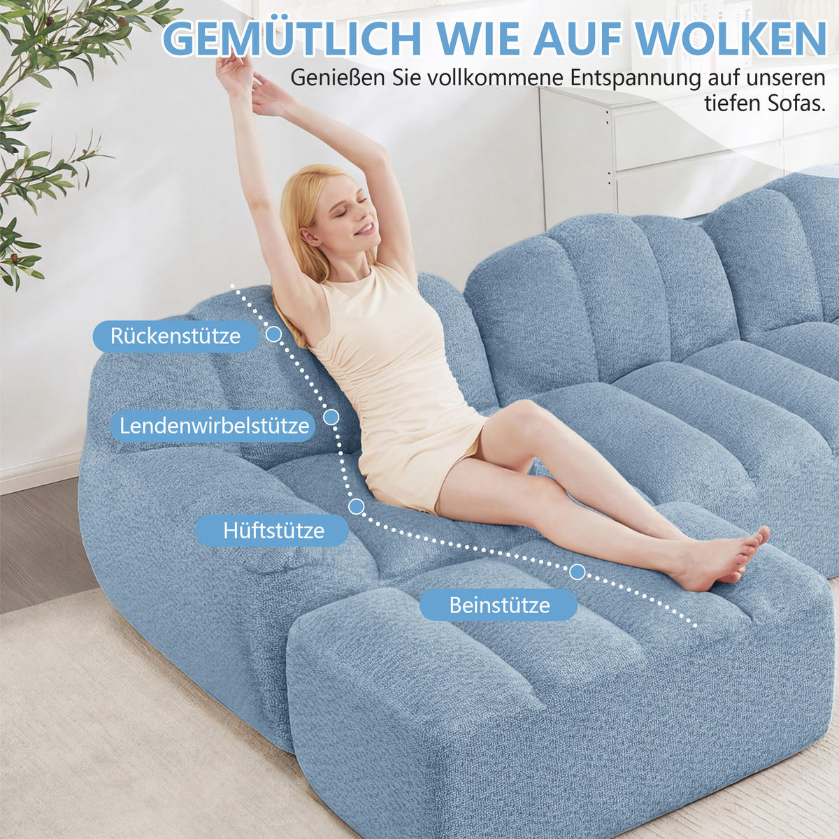 4-SITZER Sofa 366x165x79 cm aus granuliertem Fleece rahmenlos modular mit 2 Ottomans, blau - Blau, Textil (165/79/366cm)