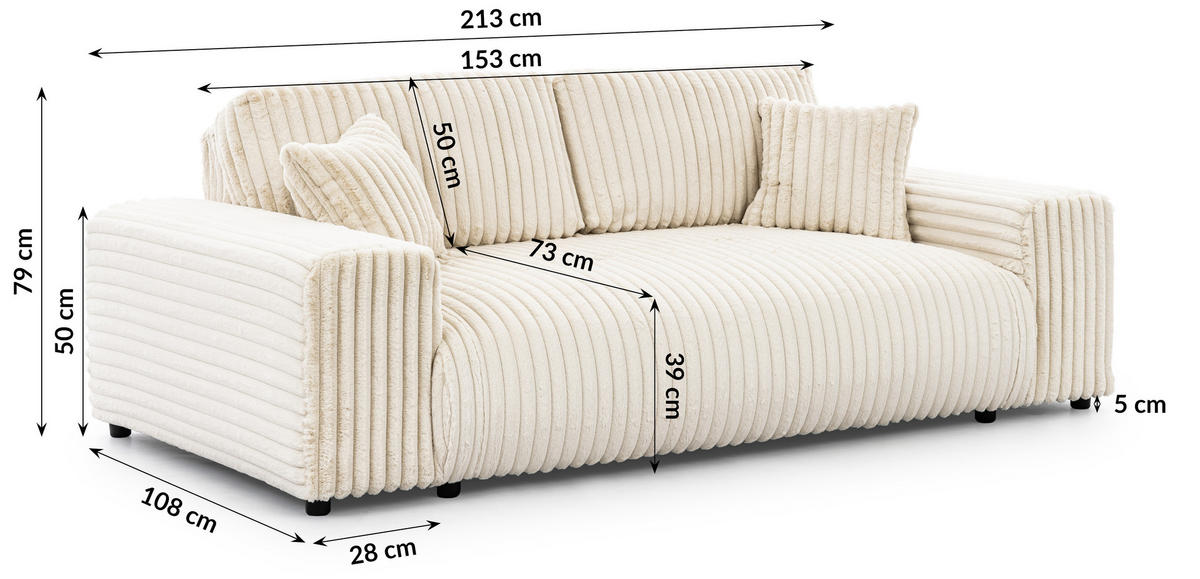 3-SITZER-SOFA Mollis Hellbeige Plüschcord - Beige/Schwarz, Holz/Kunststoff (213/79/108cm) - S-Style Möbel