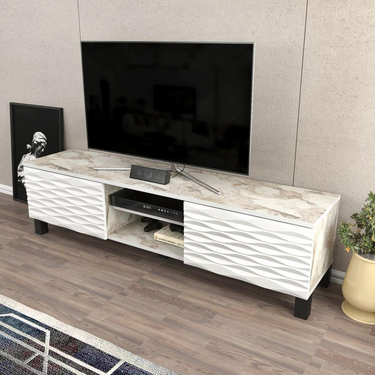 TV-ELEMENT Lukas weißer Marmor Weiß - Beige/Weiß, Holzwerkstoff (150/40.3/35cm) - Decorotika