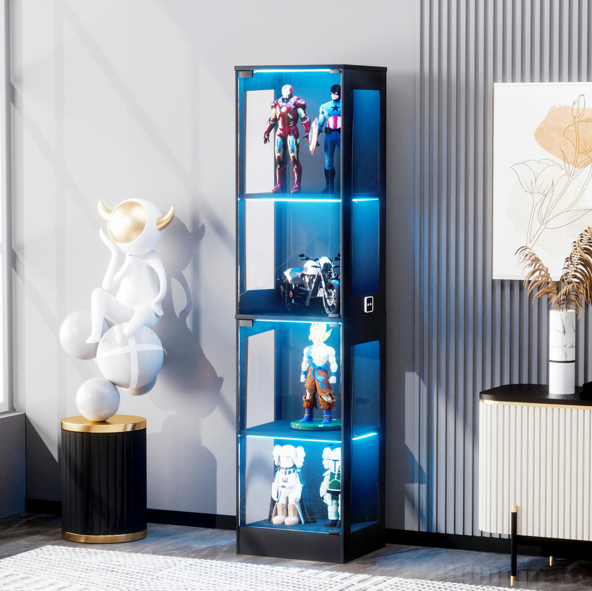 VITRINE 35/40/165 cm mit LED-Beleuchtung, Bewegungssensor, Stauraum und ABS-Rahmen, Akazienfarben - Naturfarben, Kunststoff (40/165/35cm) - Redom