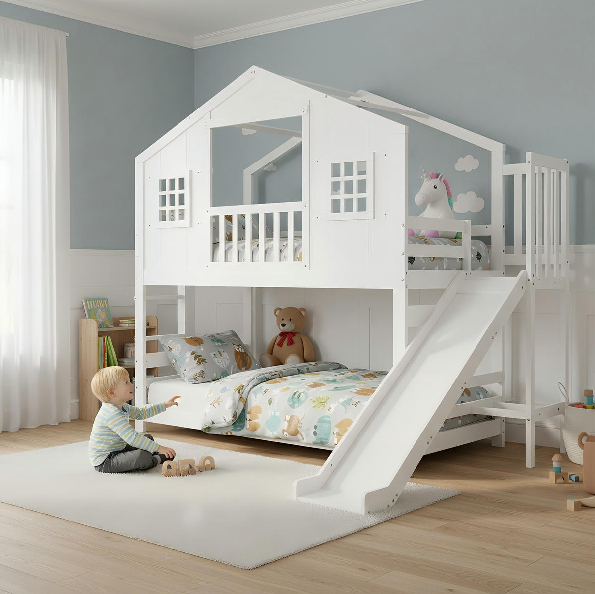 HAUSBETT 90/200 cm in Weiß mit Rutsche und Dachdesign - Weiß, Holz (90/200cm) - BEAOK