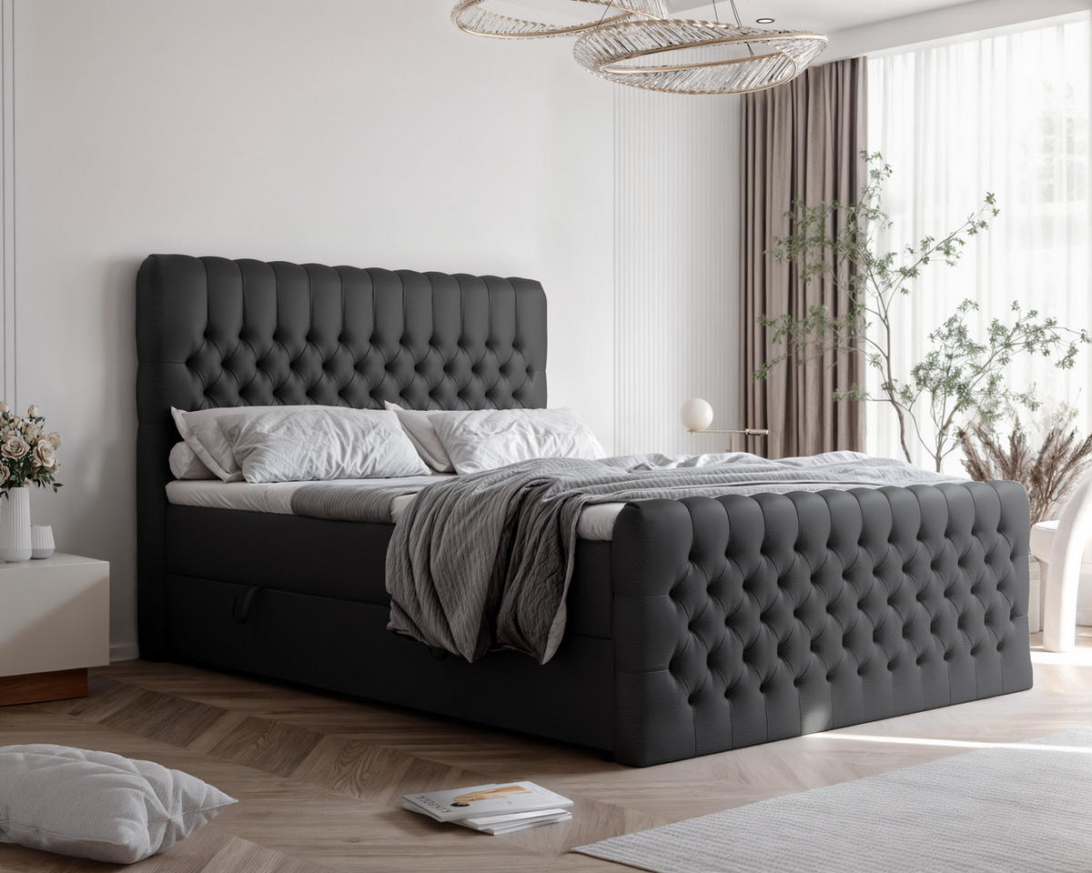 BOXBETT ALBA PLUS 160/200 cm mit Matratze und Topper, Schwarz - Schwarz, Textil (160/200cm) - Idohome
