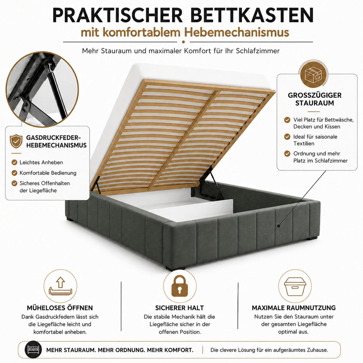 MARPUR Polsterbett NERO 180x200 cm mit Bettkasten und Lattenrost, Grau - Chromfarben/Grau, Holz/Holzwerkstoff (180/200cm) - Marpur