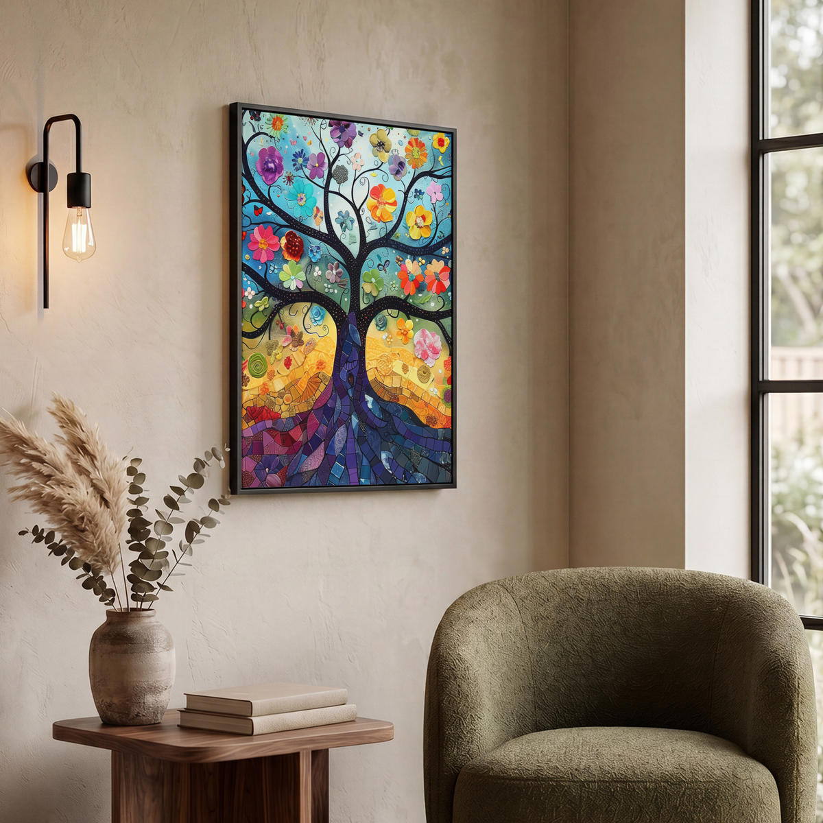 LEINWAND Bilder mit Rahmen - Kunst - Baum des Lebens - Blumen - Hippie - 60x80 - Dunkelblau, Textil (60/80cm) - MuchoWow