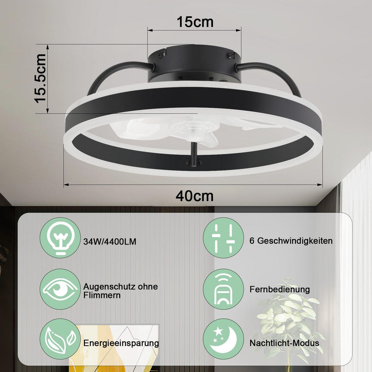 DECKENVENTILATOR Essenz II 40/40/16cm - Schwarz, Kunststoff (40/40/16cm) - Nettlife