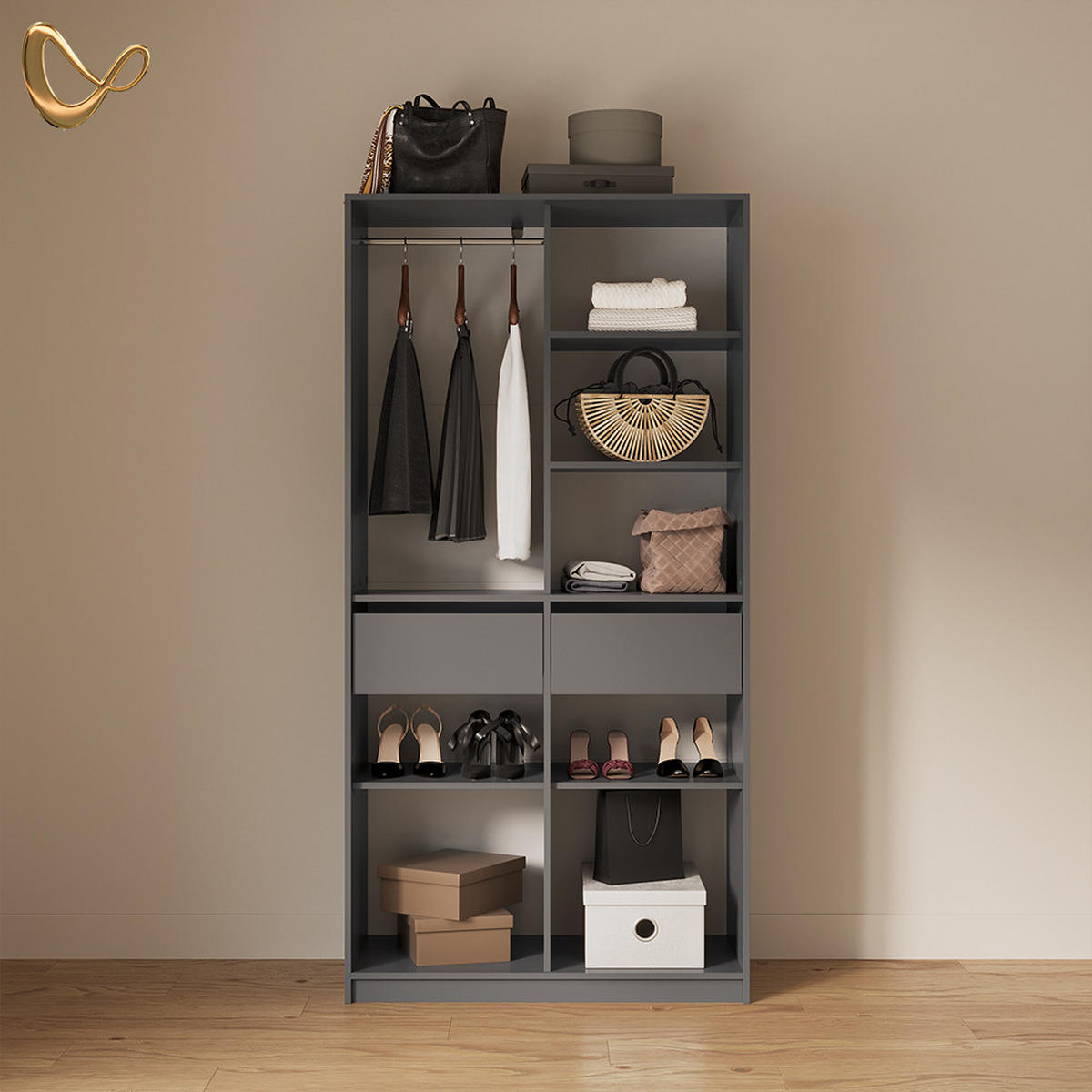 GARDEROBA Trento Antracit z 2 predaloma - antracit, leseni material (100/200/50cm) - Livinity®