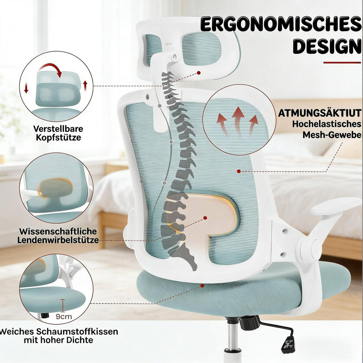 BÜROSTUHL ergonomisch höhenverstellbar Blau - Blau, Metall (47/117.5/63.5cm) - Meubliv