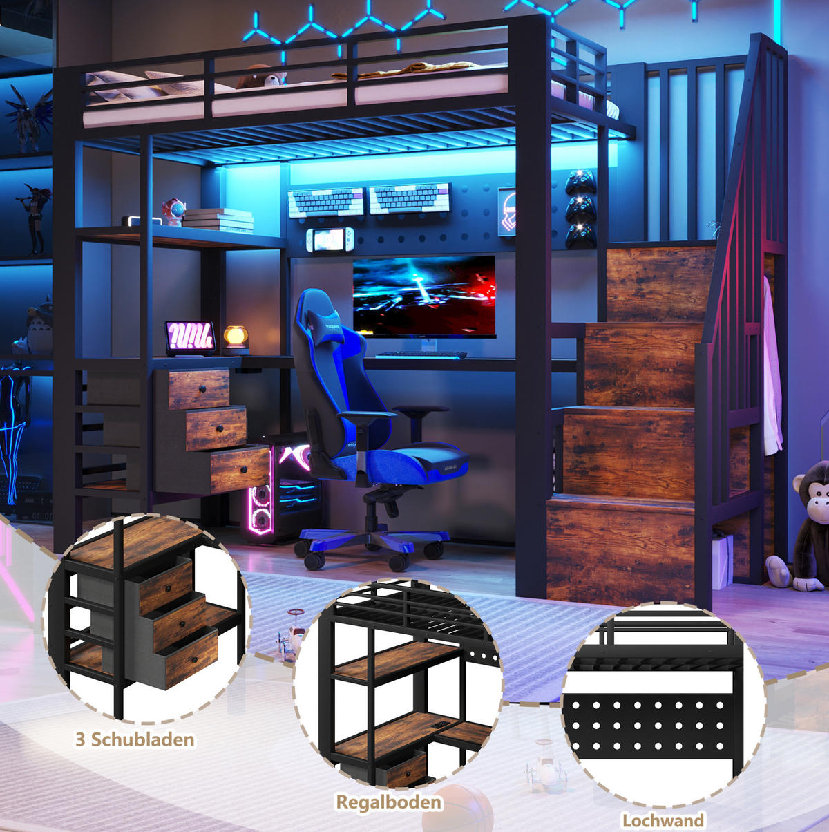 HOCHBETT 90/200 cm aus Metall und MDF mit Schreibtisch, Stauraum und LED Schwarz - Schwarz, Holzwerkstoff (90/200cm) - Modenvie