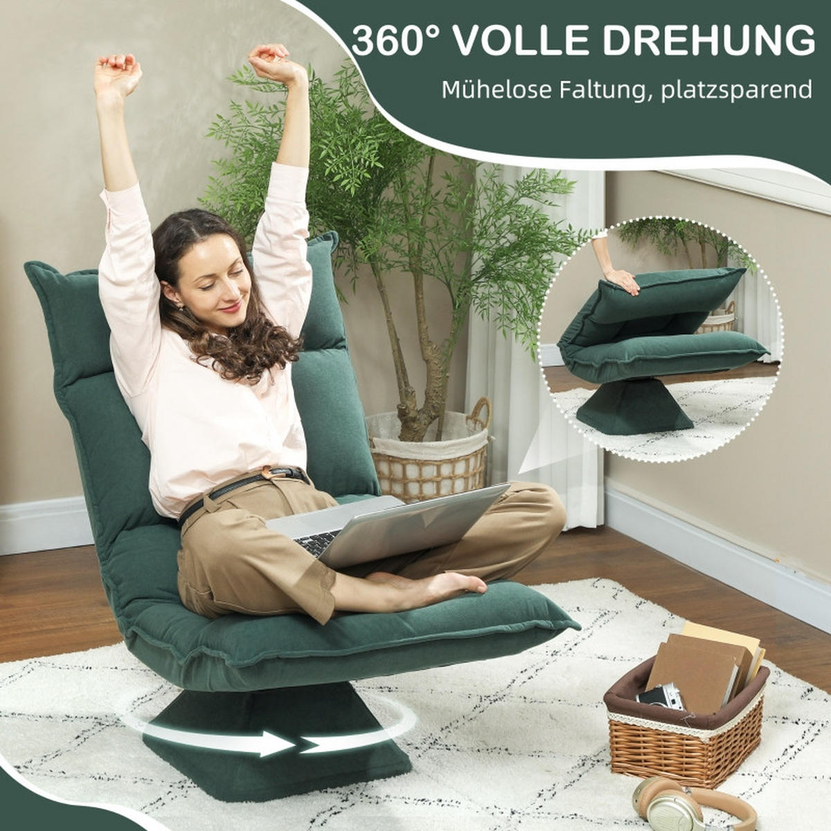 BODENSTUHL Polyester mit 360° Drehfunktion, 5-fach verstellbarer Rückenlehne 70/62/95 cm Grün - Grün, Textil (62/95/70cm) - Redom