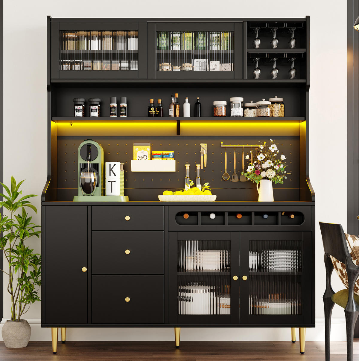 BUFFET 145/39/171 cm schwarz aus Glas und MDF mit LED - Schwarz, Glas (145/171/39cm) - OKWISH