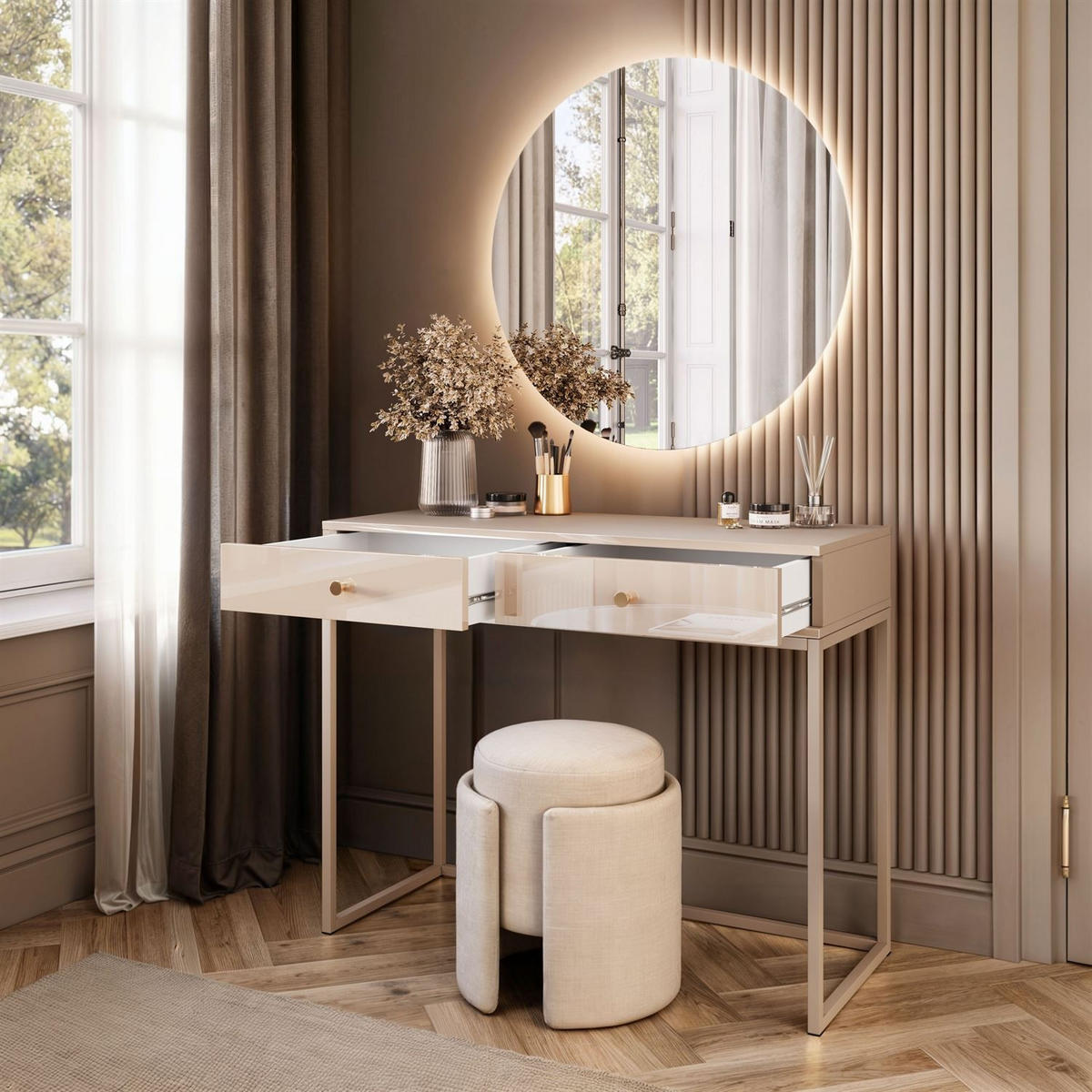 SCHMINKTISCH Blanco Glamour auf Kaschmir-Gestell mit LED-Spiegel goldener Griff - Kaschmir, Holzwerkstoff (100/81/42cm) - Lookway