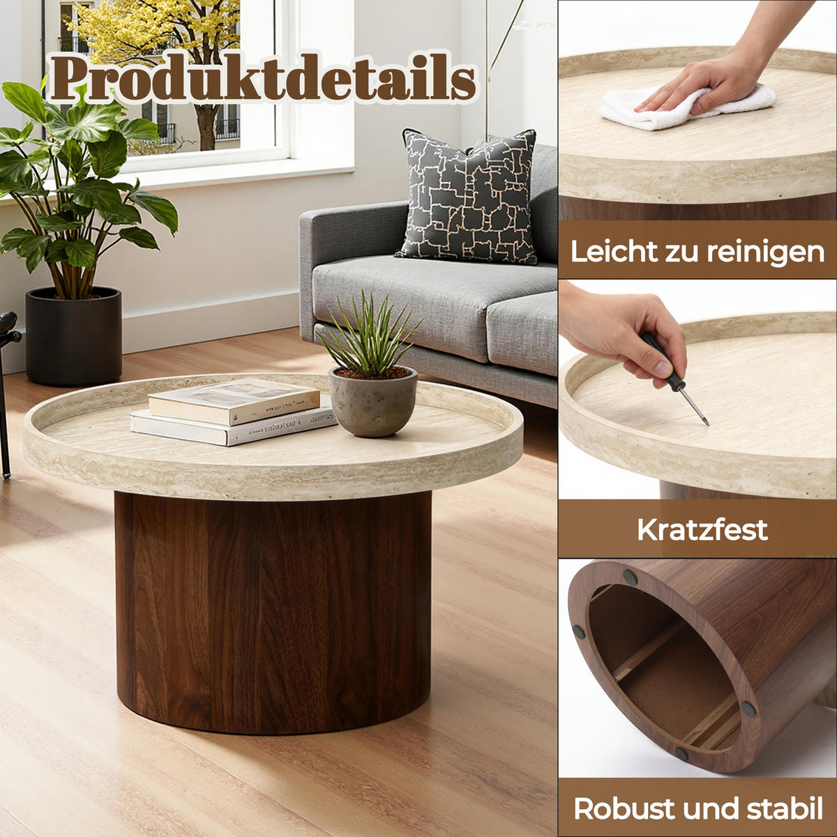 RUNDER Couchtisch mit Tablettplatte und braunem Gestell,Holzoptik | Ø60 x H34 cm - Braun, Holzwerkstoff (60/60/34cm) - Hometopia