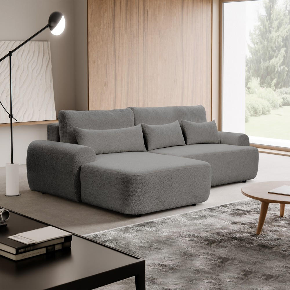 ECKSCHLAFSOFA Oliver im Bouclé-Gewebe, Grau, links - Schwarz/Grau, Textil (266/160cm) - Beautysofa