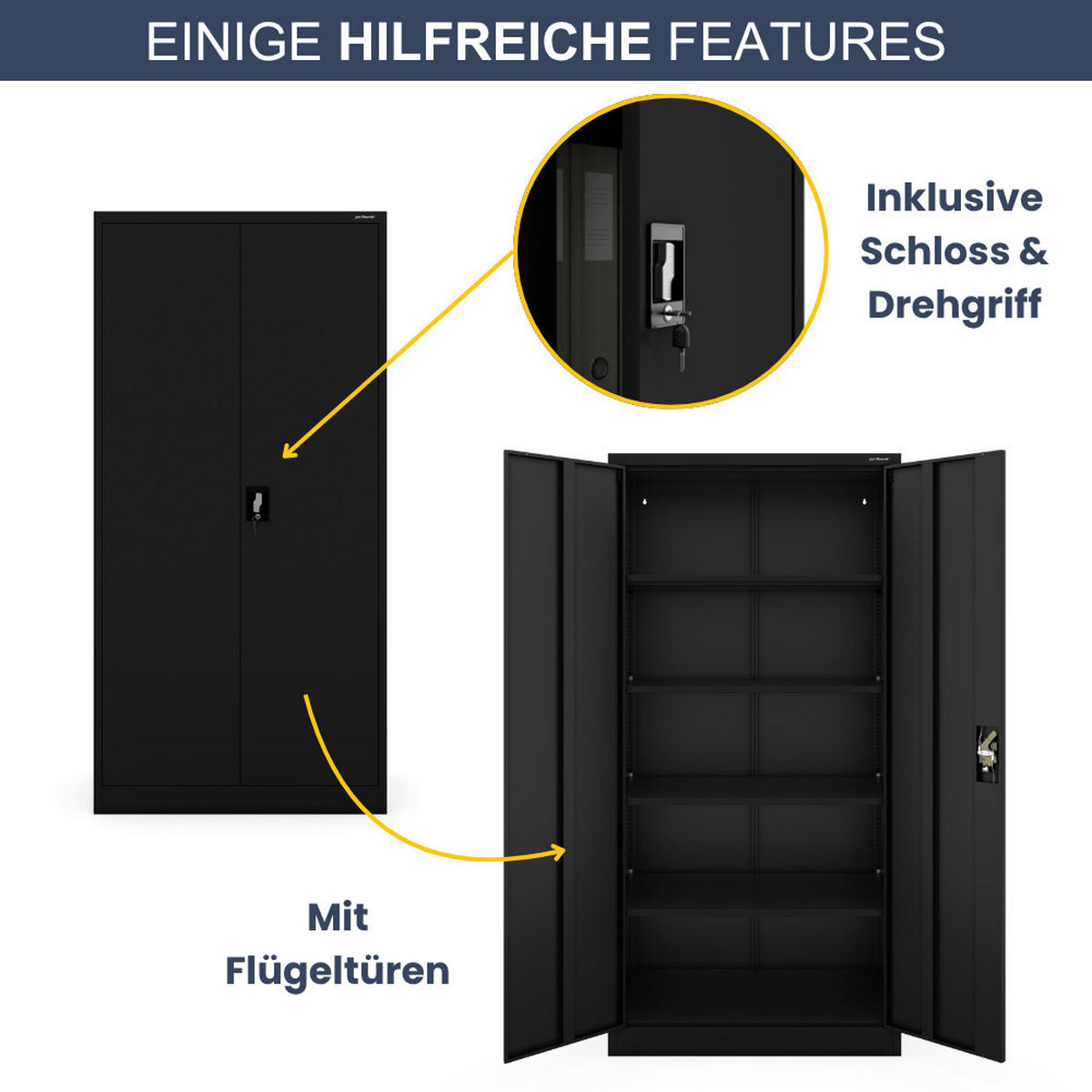 AKTENSCHRANK abschließbar KADO Flügeltüren 185x90x60cm Schwarz - Schwarz, Metall (90/185/60cm) - DELUKE