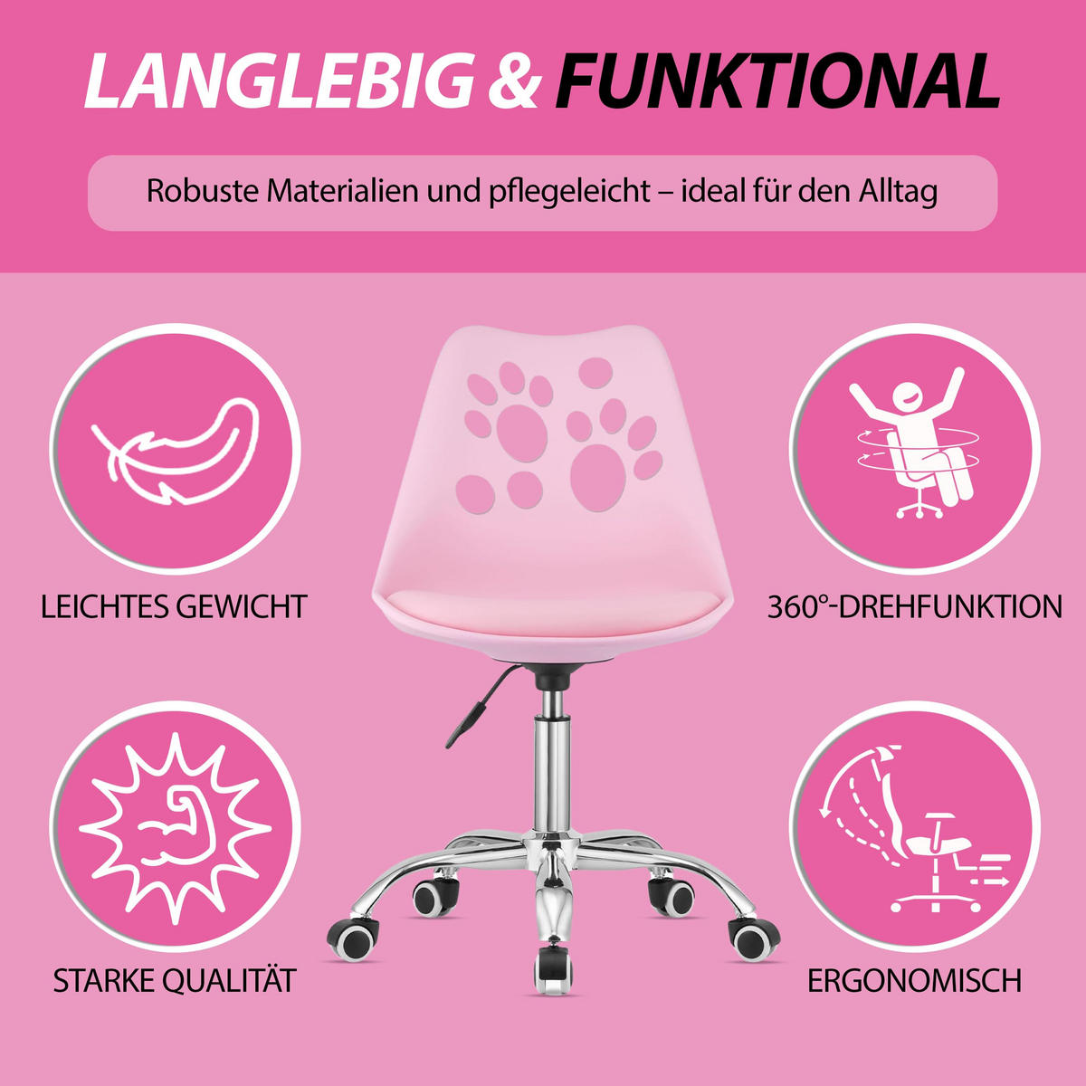 BÜRODREHSTUHL Pink, Höhenverstellbar, Rollen, Ohne Armlehnen, Ergonomisch Für Home Office Und Schlafzimmer - Pink, Textil (51/94/58cm) - Best For Home