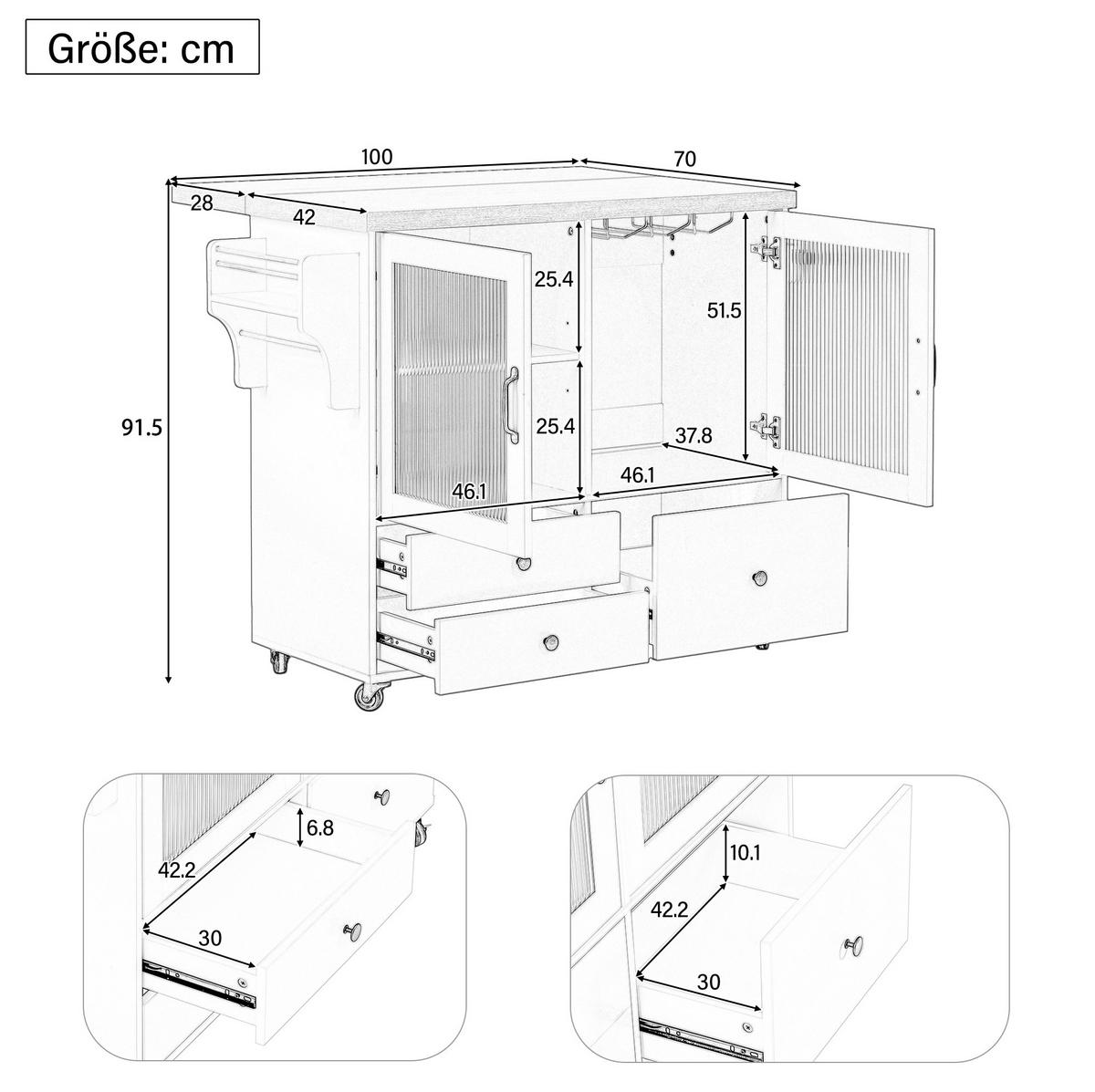 KÜCHENINSEL 100/42-70/91,5 cm mit ausklappbarer Arbeitsplatte, Rollen und Weinglashalter, Weiß/Natur - Weiß, Holzwerkstoff (100/91.5/70cm) - Redom