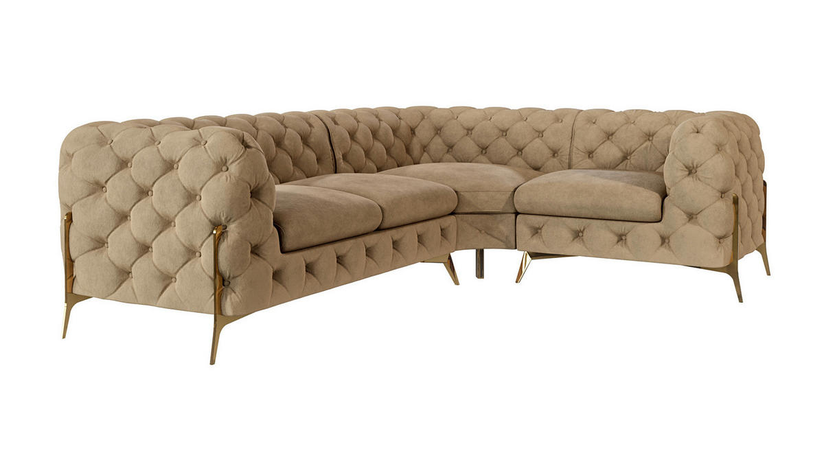 ECKSOFA Chesterfield Lexi Beige Samt, Ottomane rechts - Beige/Goldfarben, Holz/Textil (264/204cm) - S-Style Möbel