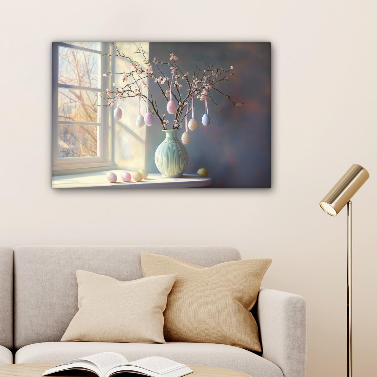 LEINWANDBILD Stillleben - Vase - Osterzweig Wanddeko 90x60 cm - Hellblau, Textil (90/60cm) - MuchoWow