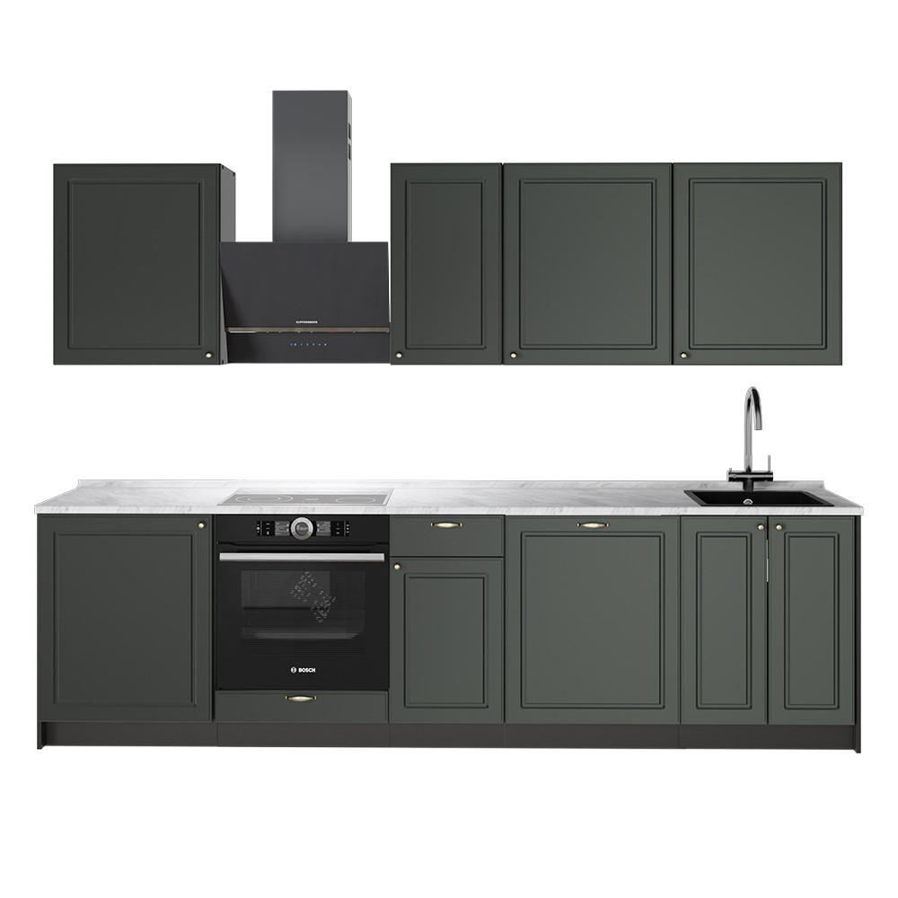 KÜCHENZEILE Fame-Line, Grün-Gold Landhaus/Anthrazit, 280 cm, AP Marmor - Anthrazit/Grün, Holzwerkstoff (280/82/60cm) - Vicco