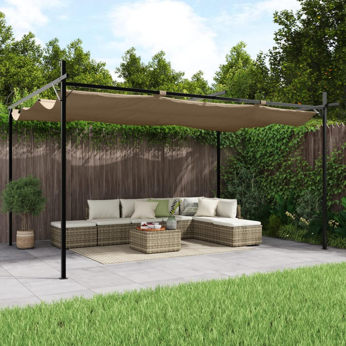 TERRASSENÜBERDACHUNG mit Schiebedach OLIMP | Taupe 395x292x230cm | Pergola Garten Pavillon - Taupe, Metall (395/230/292cm) - DELUKE