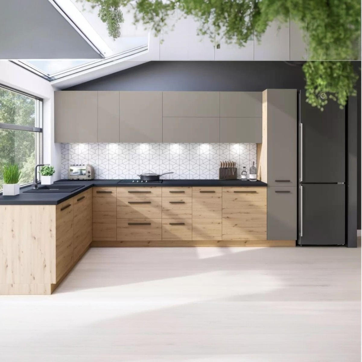 ECKKÜCHE 210 x 330 cm - Langen K66-M210 - Artisan Eiche / Beige - Beige, Holz (330/212/210cm)