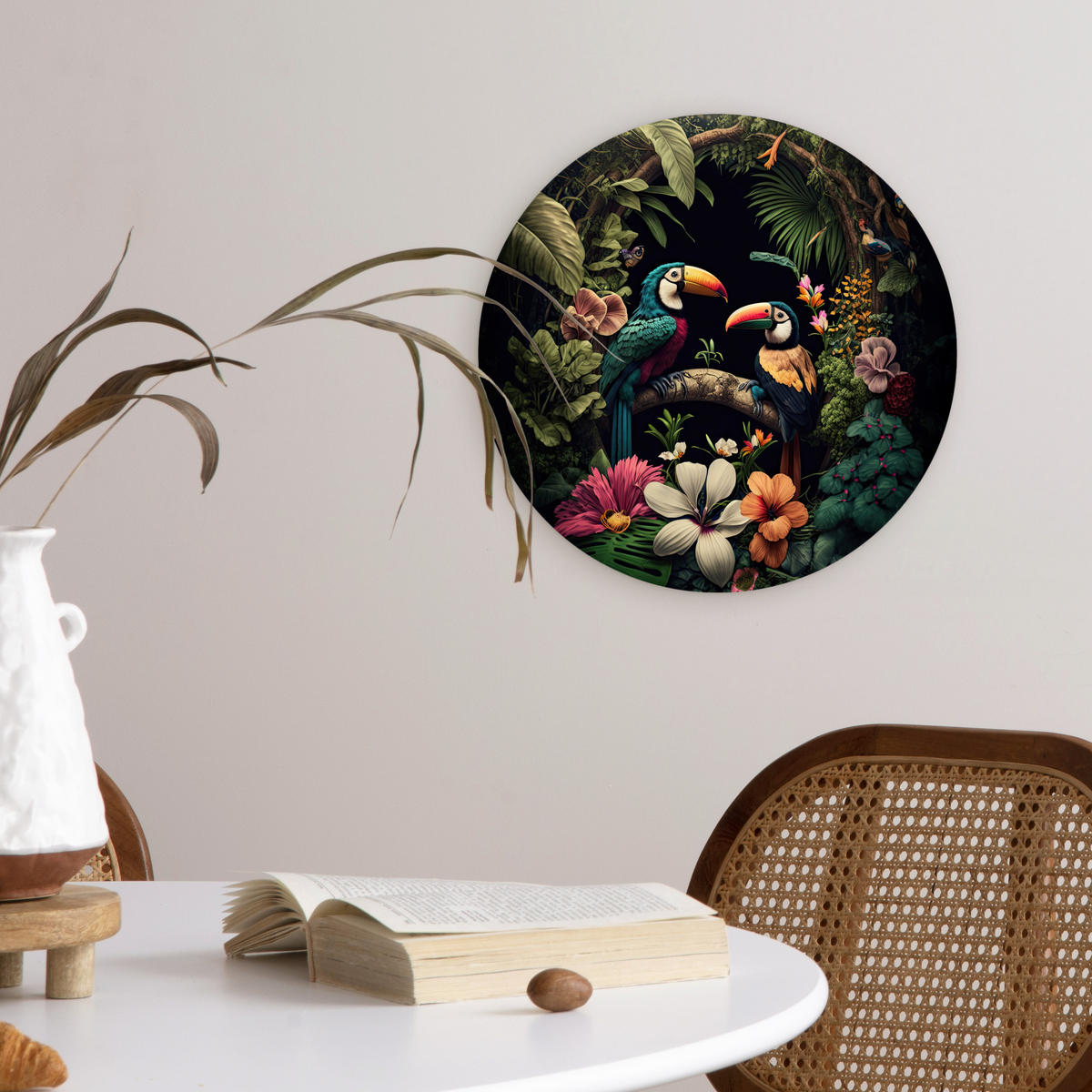 WANDBILD Vogel - Blumen - Pflanzen - Dschungel - Schwarz - Tukan 30x30 cm - Smaragdgrün, Kunststoff (30/30cm) - MuchoWow