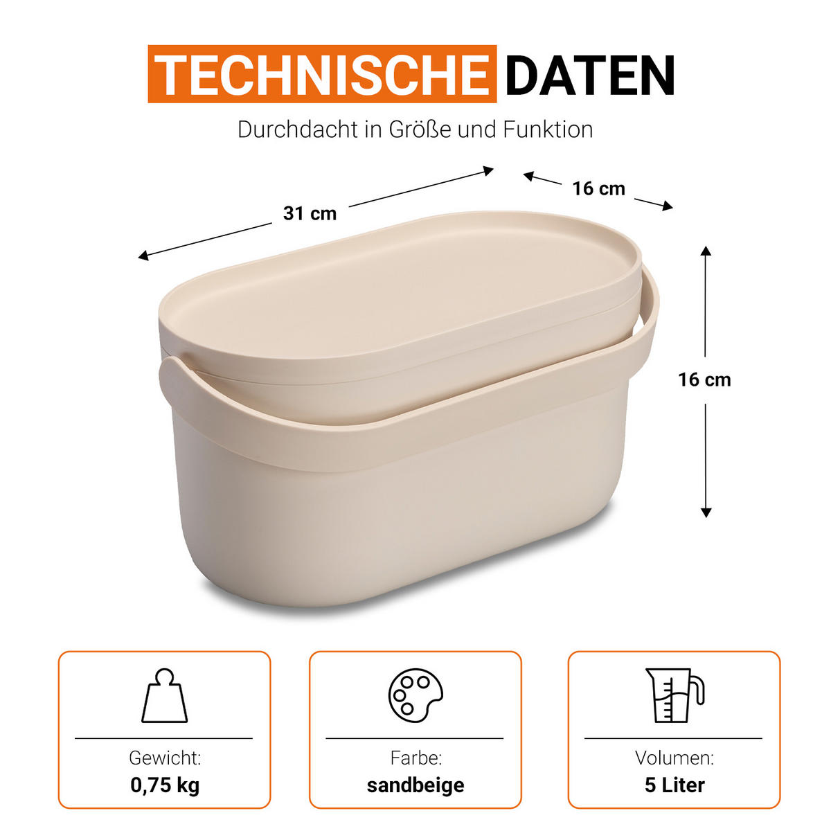BIOMÜLLEIMER 5 L, sandbeige - Beige, Kunststoff (16/16/31cm) - GARANTIA