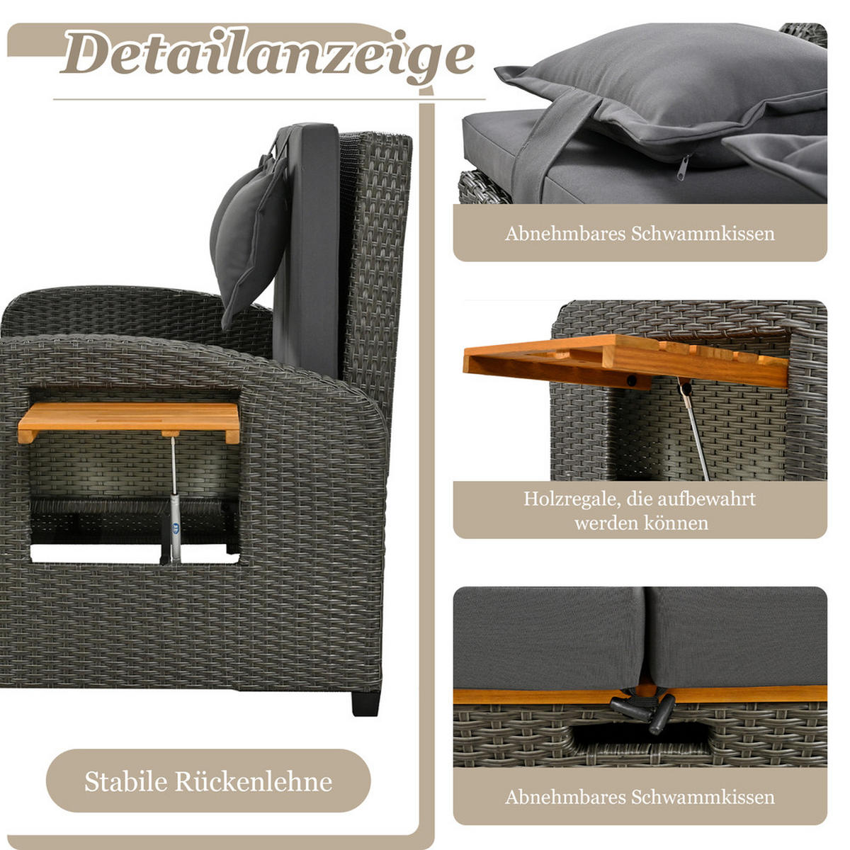 GARTENLOUNGE 2 Personen Grau Rattan verstellbar mit Hocker Kissen - Grau, Metall (53/29.21/84.8cm) - FLIEKS