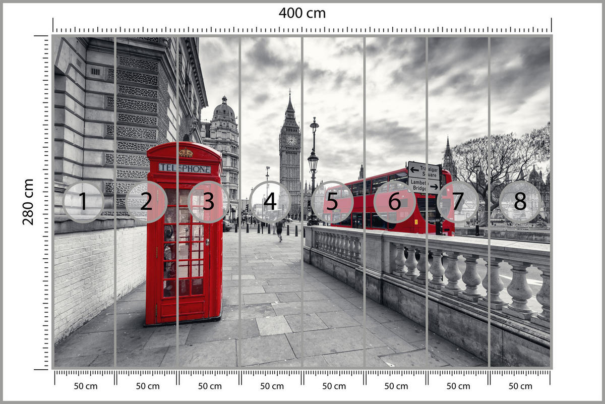 FOTOTAPETE für Wohnzimmer Rote Telefonzelle London Monument BIG BEN Bus 400x280 - Rot/Weiß, Papier (400/280cm) - Muralo