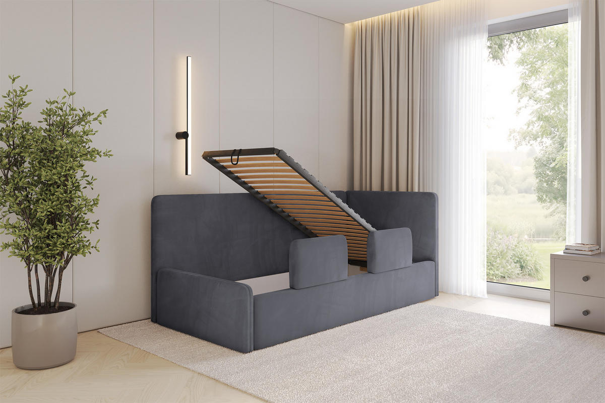 EINZELLBETT Jugendbett mit Bettkasten, Links - NORY 80x200 Dunkelgrau - Dunkelgrau, Holzwerkstoff/Textil (80/200cm) - ALTDECOR